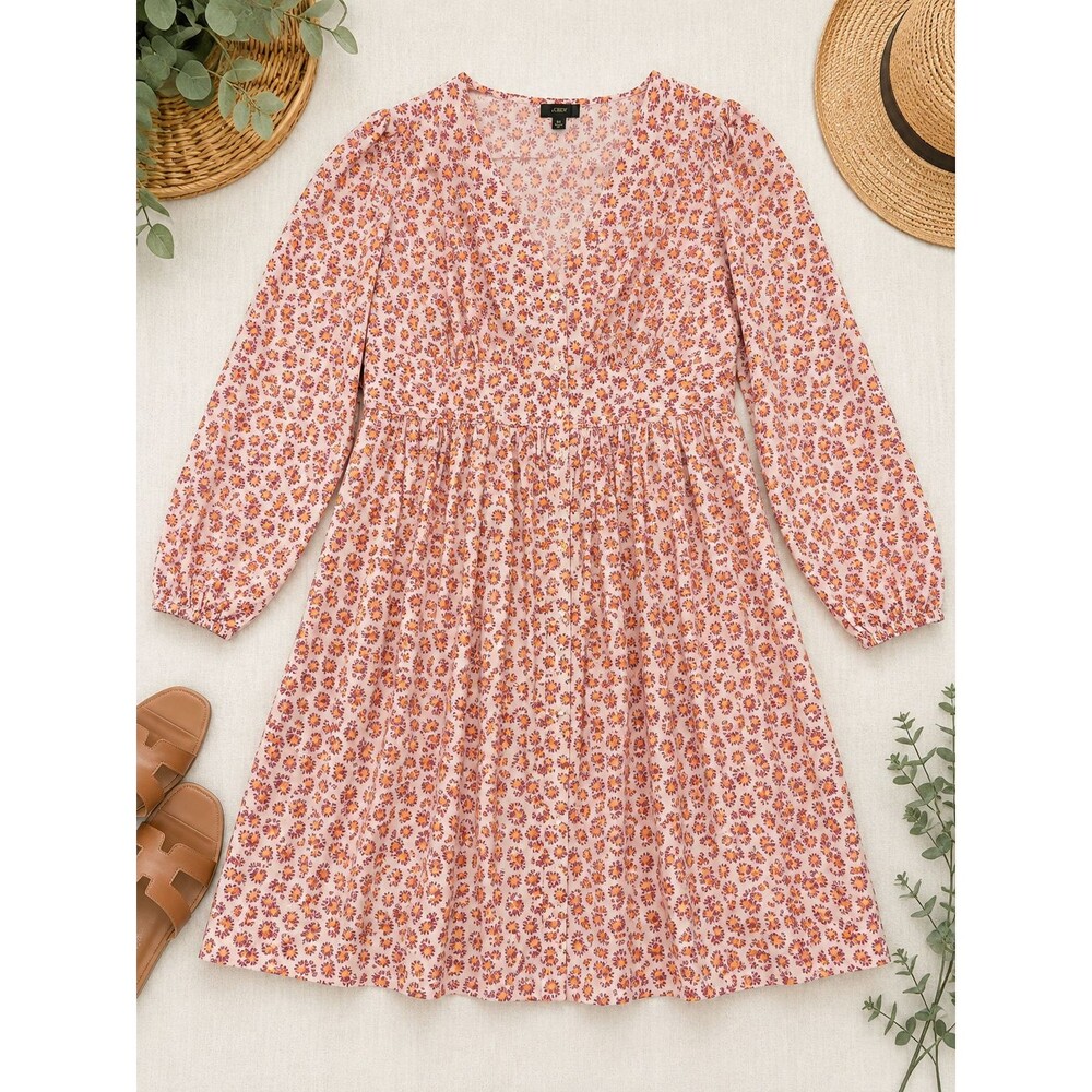J.Crew BK963 Peony Paisley V-Neck Cotton Poplin Mini Dress 18 Pink Puff Sleeve